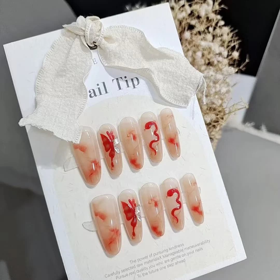 Móng Tay Dán Sẵn Thủ Công Họa Tiết Bướm và Rắn, Kiểu Hạnh Nhân Dài