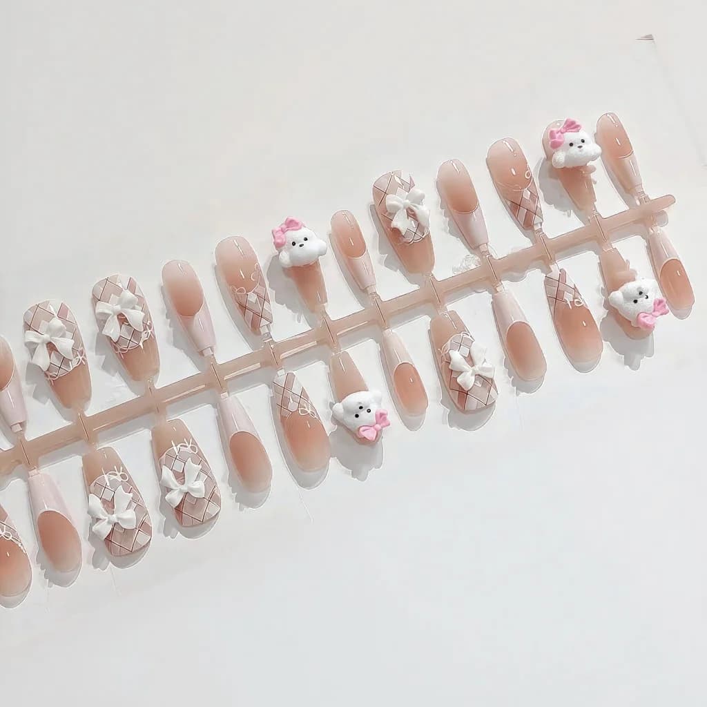 Móng Tay Dán Gấu Teddy, Thiết Kế Đầu Pháp Dễ Thương, 30 Miếng