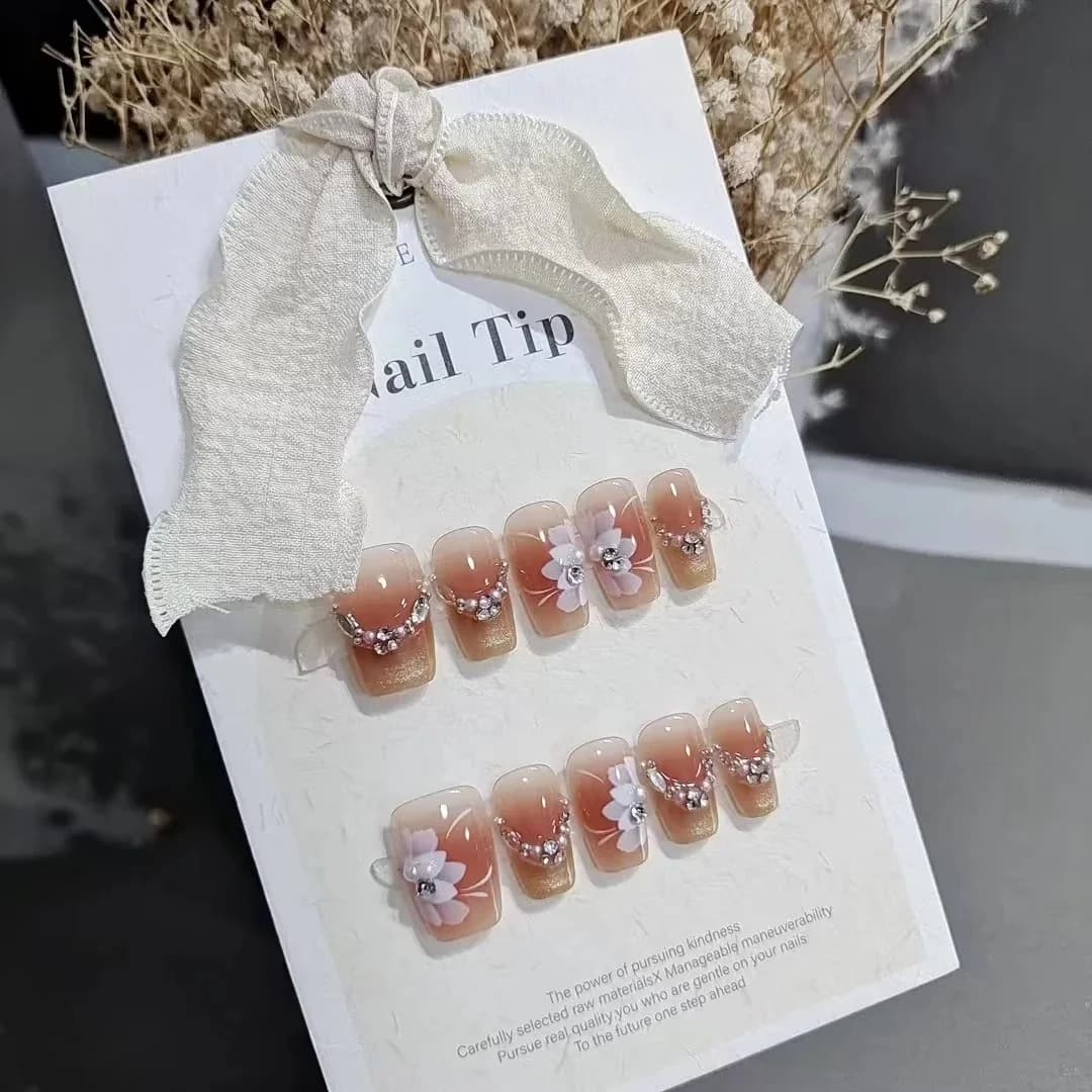 Móng Tay Đeo Sẵn Mắt Mèo Hoa Văn Đá Quý, Dáng Coffin Ngắn