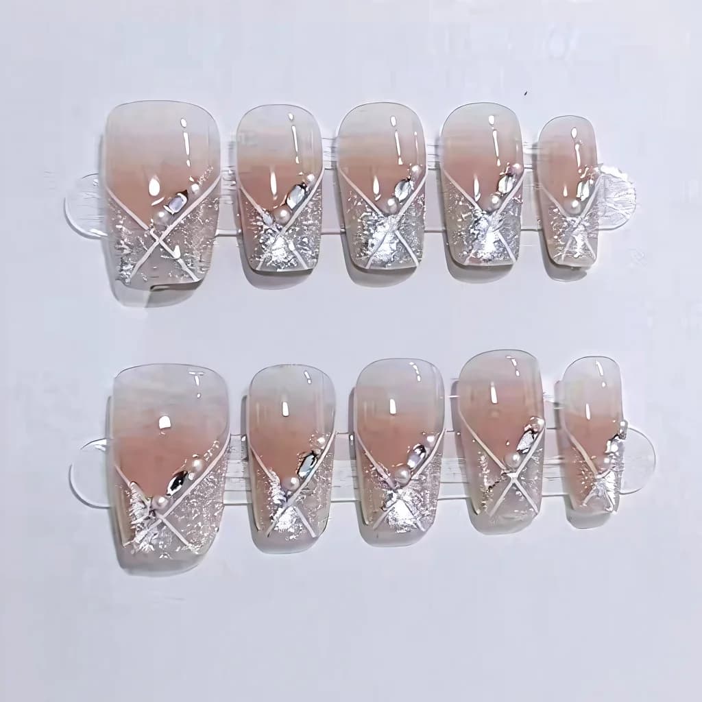 Móng Tay Đeo Sẵn Mèo Ngắn Dáng Coffin Hồng Phấn Phong Cách Ngọt Ngào 10 Miếng