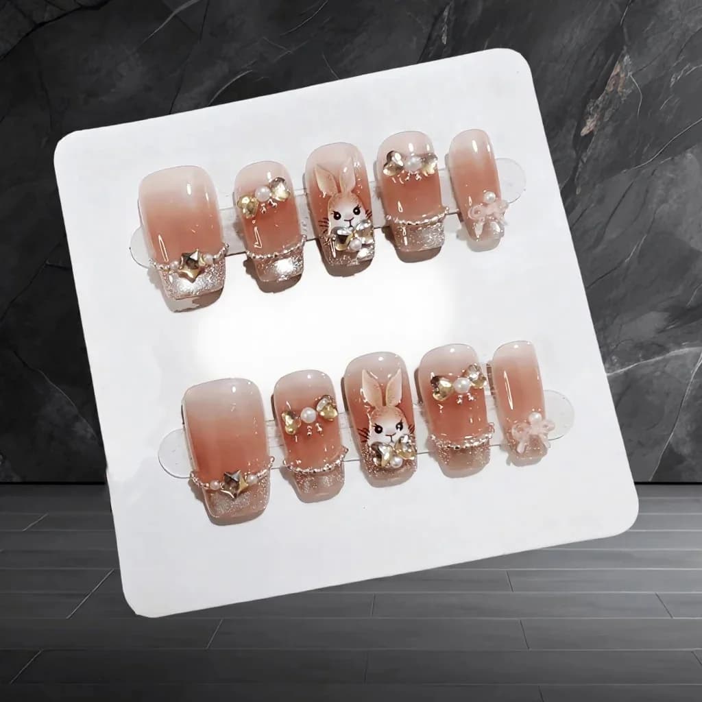 Móng Tay Dán Sẵn Hình Mắt Mèo Lấp Lánh, Họa Tiết Thỏ Gắn Đá, Dáng Ngắn Quan Tài