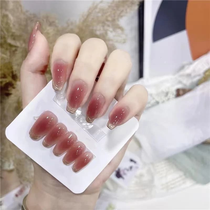 Móng Tay Dán Sẵn Dài Hình Quan Tài Hồng Hoàng Hôn Với Lớp Phủ Chrome Ánh Trăng