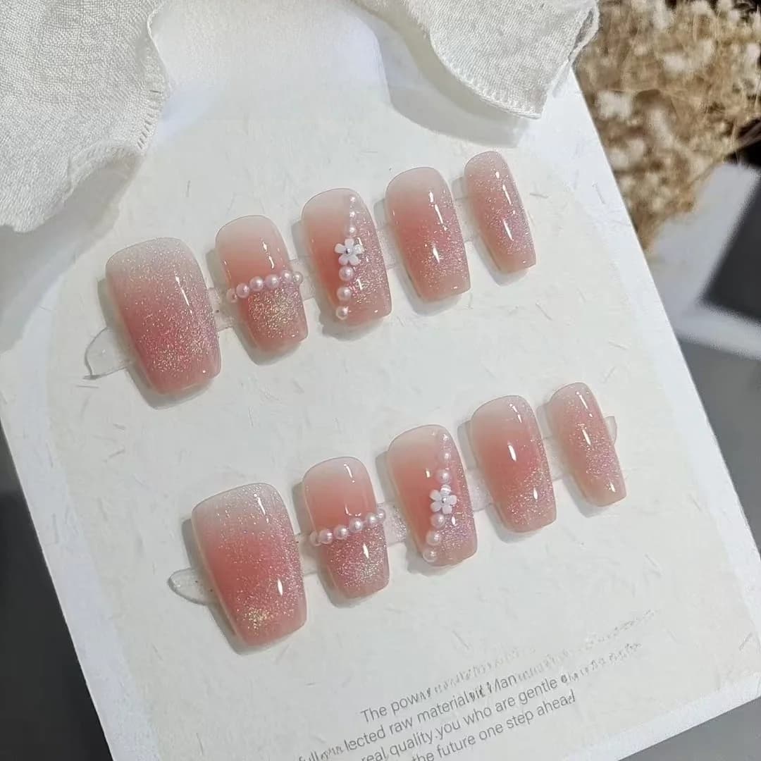 Móng Tay Đính Ngắn Hình Thang Cầu Vồng & Ngọc Trai, 10 Miếng