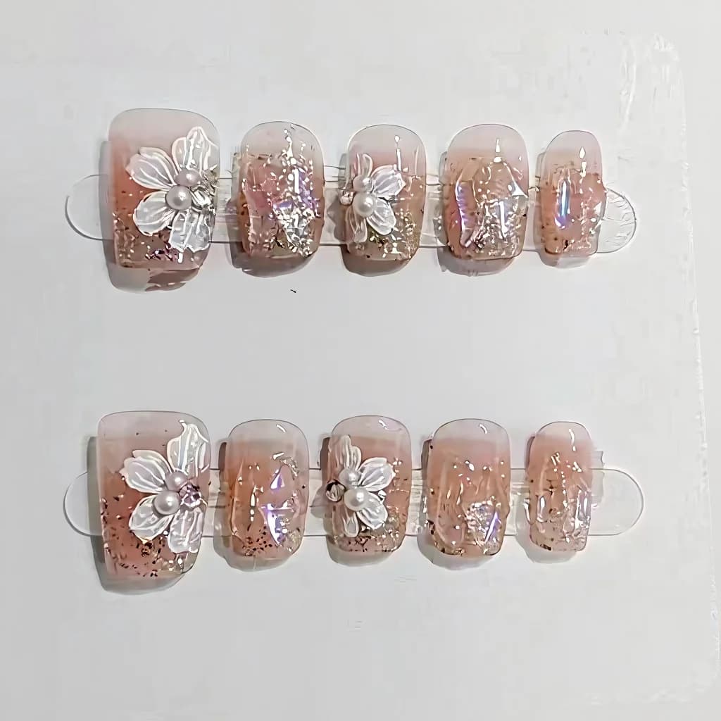 Móng Tay Dán Sẵn Ngắn Form Ballerina Thiết Kế Ngọc Trai Hoa Đá