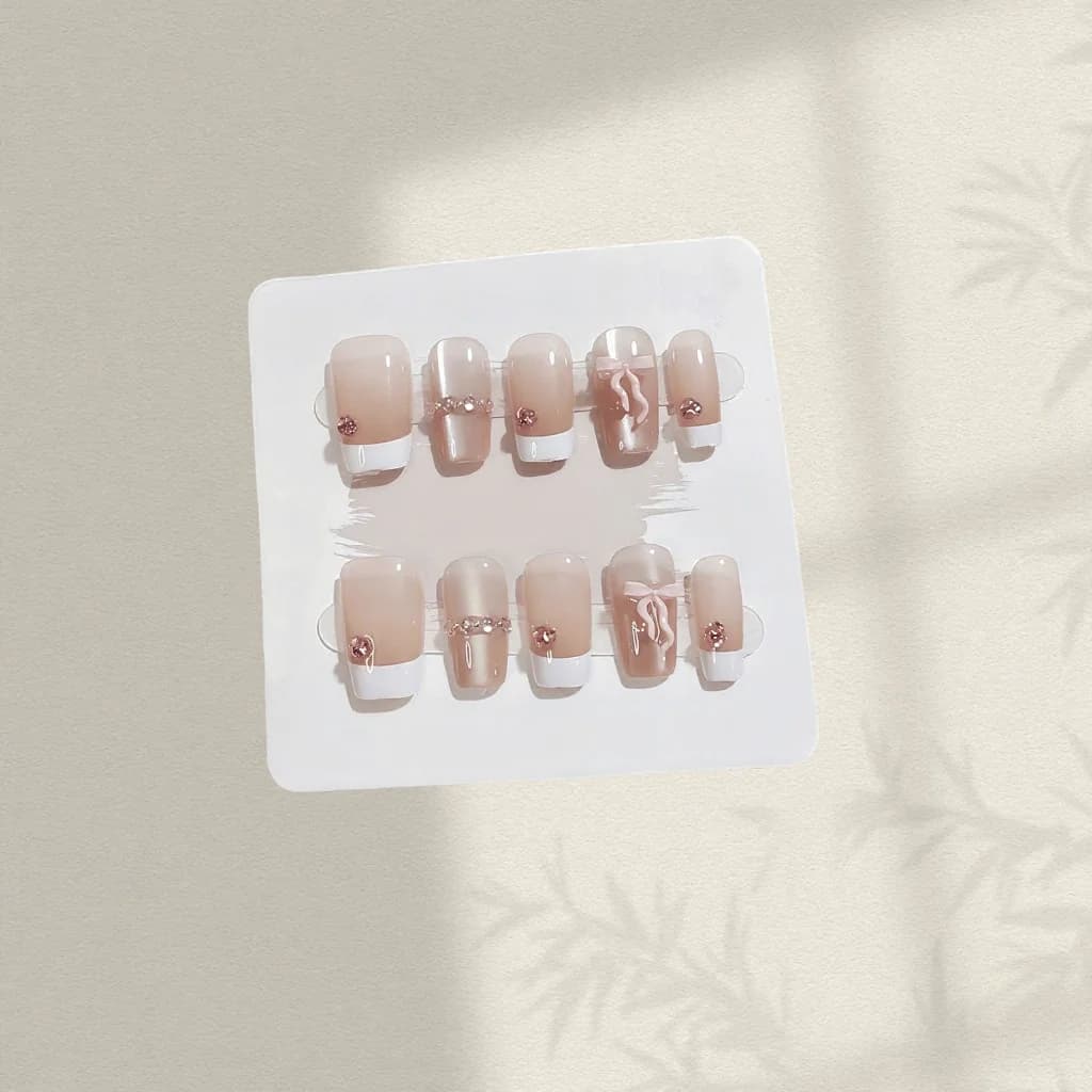 Bộ Móng Dán Sẵn Nơ Hồng, Dáng Ngắn, Đầu Pháp