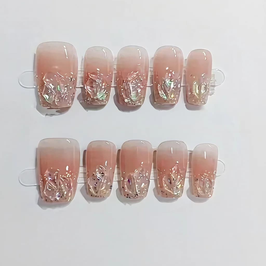 Bộ Móng Tay Đính Sẵn Ngắn Vừa Hình Quan Tài Nhũ Đá Hồng Phấn
