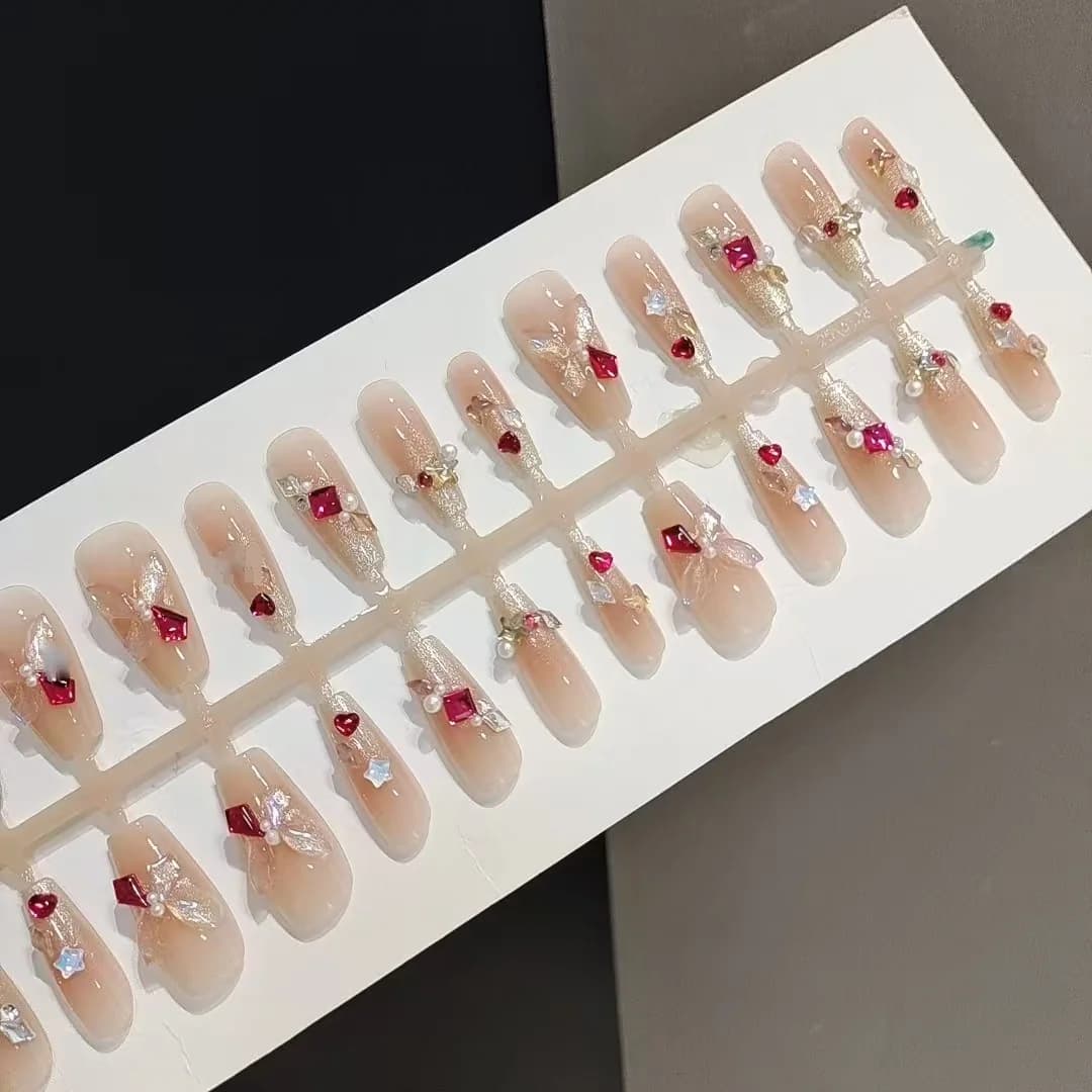 Móng Tay Dán Họa Tiết Bướm Đính Đá, 30 Miếng, Hình Dạng Coffin Cỡ Trung