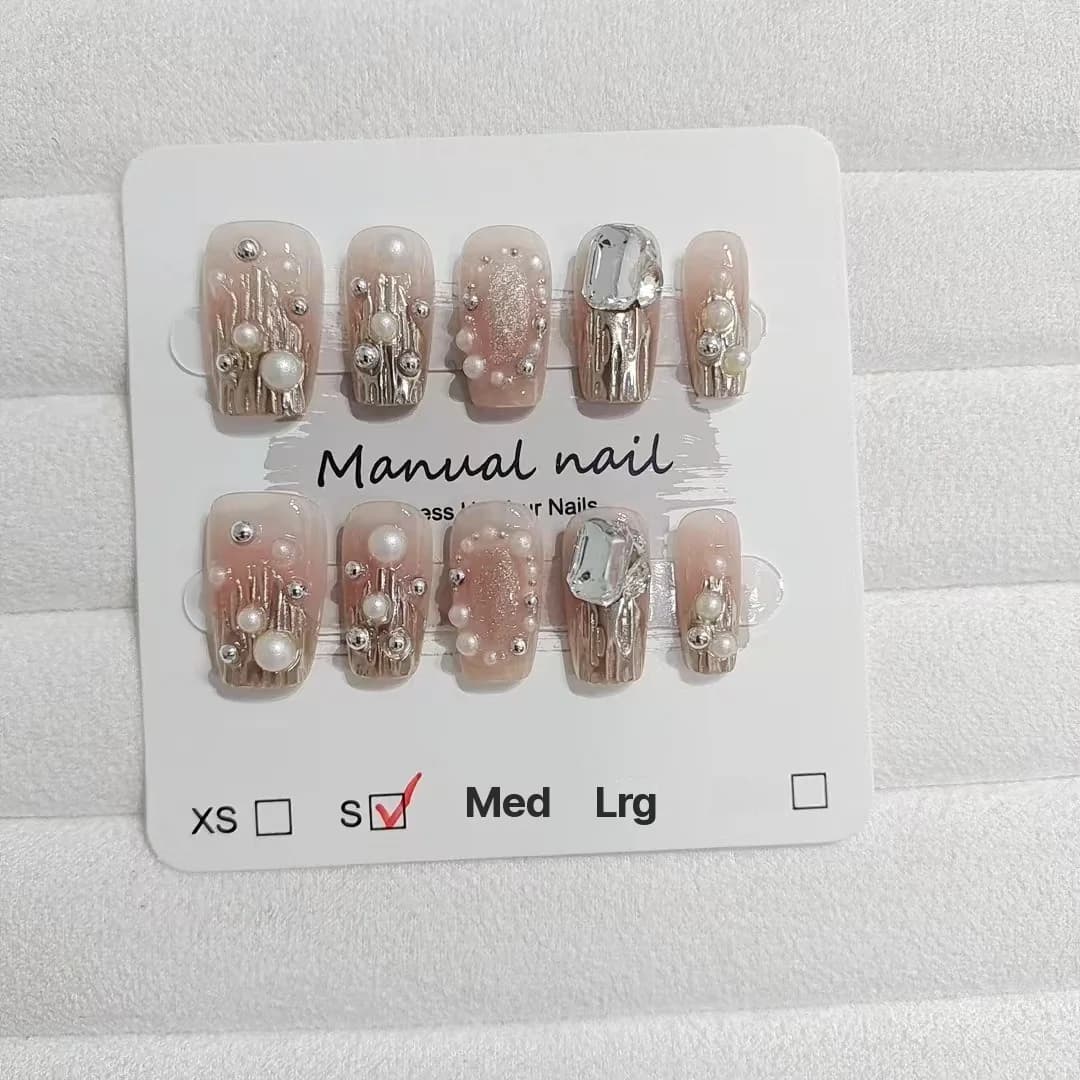Móng Tay Đính Đá Rhinestone Vàng & Ngọc Trai, Vuông Ngắn Có Kim Tuyến
