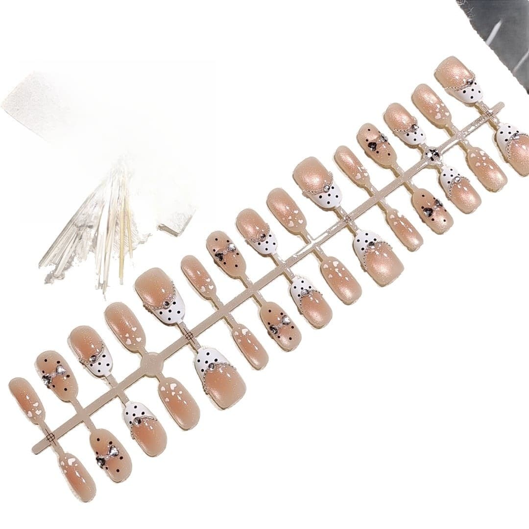 Móng Tay Dán Ngắn Oval Chấm Bi Ngọc Trai Hiệu Ứng Mắt Mèo Lấp Lánh